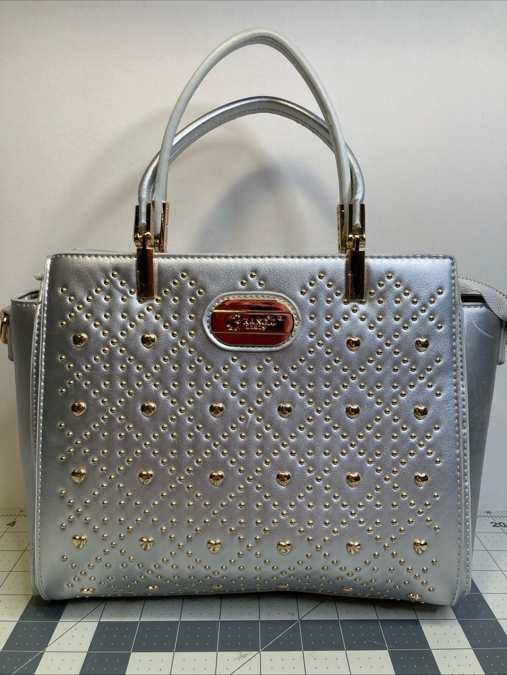 Brangio Italy Silver Stardust Gold Studded Hearts Top Handle Purse Handbag Bling